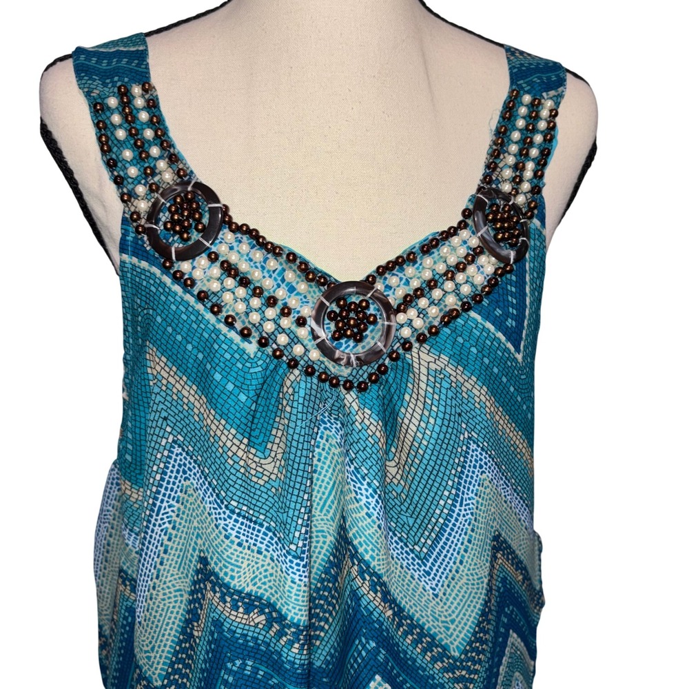 Vintage Beaded Chevron Mosaic Maxi Dress 1990s Boho Womens XL‎ Teal Cherry Krave